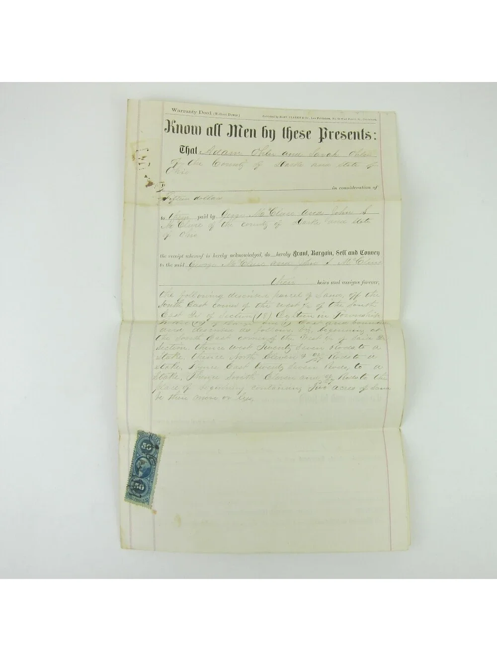 US Revenue Stamp 50 cent Scott R60 on Darke County Ohio Deed Ohler McClure 1867